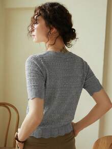 Knit Mix Áo sơ mi nữ thanh lịch, áo thun ngắn tay cổ tròn khoét lỗ, viền ren độc đáo, phù hợp với dáng người nhỏ nhắn, màu trơn, thích hợp mặc thường ngày/công sở, áo mùa xuân/hè, màu kem cổ điển tinh tế, trang phục đi học mùa xuân/hè, cũng thích hợp cho các ngày lễ như Giáng sinh, Lễ Tạ ơn và Năm mới. - Xám - Xem 2