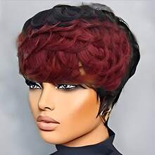 Summer Style Short Pixie Cut Wig Burgundy Red Afro Short Curly Black Wigs Side Part Curly Bangs Synthetic No Glue Brown Wigs Natural Looking Cosplay Hair Wig Short Burgundy Curly Wigs Wine Red Pixie Cut Wigs With Side Bangs Easy To Wear - 435-2 - 查看 2