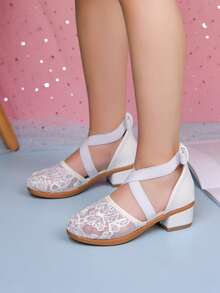 Girls' Mesh Low Heel Shoes, Cross Ankle Strap Embroidered Mesh Mary Jane Shoes, Suitable For Party And Daily Wear - White - View 6