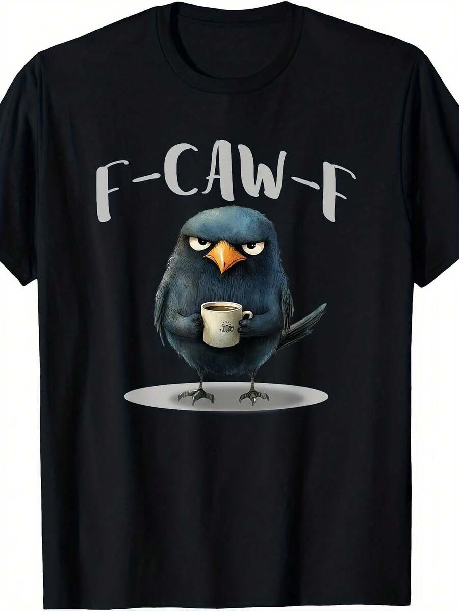 Funny Caw-F Slogan T-Shirt With F-Kaw-F Coffee Crow Design - Vintage Casual Short Sve Tee, Humorous Bird Pun Gift For All-Season Wear, Hine Washable For Bird Lovers & Everyday Outfits - 黑色 - 查看 1