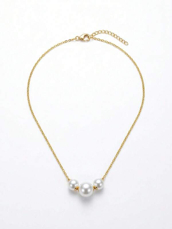 1条14K镀金优雅仿珍珠项链，可调节16+2英寸链条，不褪色且不含铅，女士珠宝