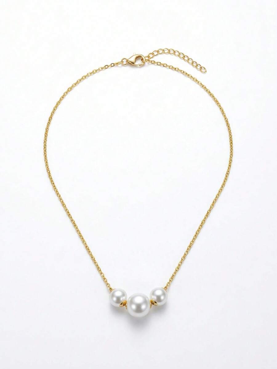 1条14K镀金优雅仿珍珠项链，可调节16+2英寸链条，不褪色且不含铅，女士珠宝 - 白色 - 查看 1