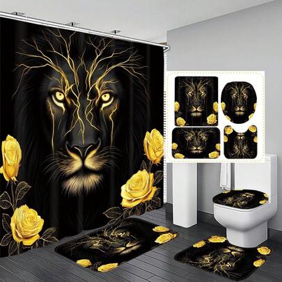 1件/4件套金色狮子玫瑰图案多功能浴室装饰浴帘套装，赠送12个挂钩，营造优雅节日氛围，包含浴室地垫、U型地垫和圆形马桶垫，适用于各种浴室场景。