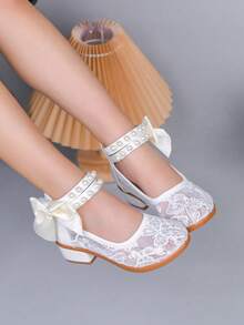 1 Pair Embroidered Mesh Mary Jane Shoes For Girls, Pearl Ankle Strap With Bow Decor, Elegant Versatile For Party & Daily Wear - White - View 2