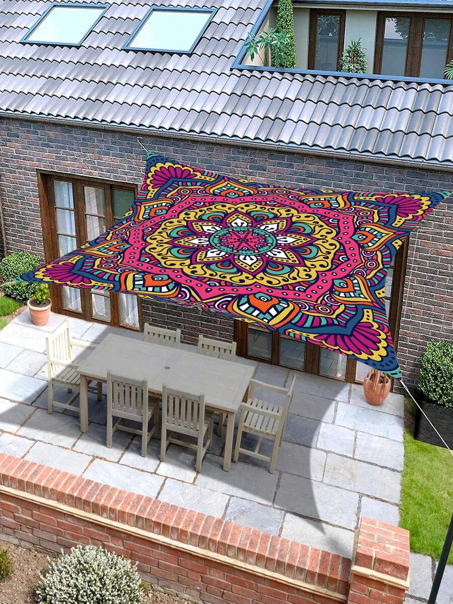 1pc Outdoor Thick Waterproof Sunscreen Gradient Mandala Floral Green Bohemian Pattern Outdoor Garden Patio Canopy Beach Sunshade (Ropes Included, No Frame) - Multicolor - View 1