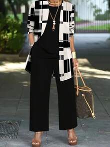 Plus Size Women's Fashionable Printed 3 PiecesOutfit Set Elegant Spring Black Summer - Black - View 1