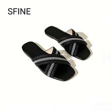 1 đôi dép lê đính hạt kiểu đan chéo mới, thích hợp cho mùa xuân/hè, dép đế bằng độc đáo, dép quai đôi, dép hở mũi, dép nhẹ, chống trượt, bền chắc, dép thời trang tối giản mới, thích hợp đi biển, đi nghỉ mát, dép đi trong nhà thông thường. - màu đen - Xem 7