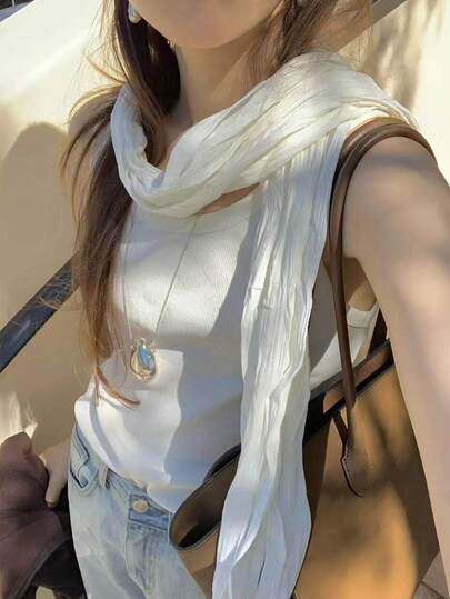 1PC Solid-Color Pleated Scarf For Women: Spring/Summer-Inspired Long Silk Scarf, Fashionable And Unique Waist Accessory