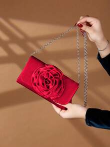 REMANLAND Rose Flower Shaped Women's Evening Clutch Bag, Satin Handbag For Wedding, Party, Unique Gift - Red - View 3
