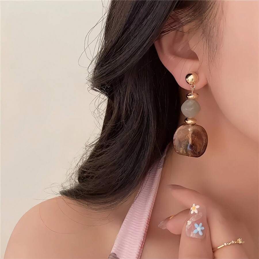 1 Đôi bông tai nữ thời trang dáng dài, kiểu dáng Hồng Kông cổ điển, mặt dây chuyền hình học đính hạt nhựa, thích hợp làm quà tặng hàng ngày, dự tiệc hoặc quà tặng ngày lễ. - hình học - Xem 1