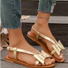 新款时尚蝴蝶结露趾平底凉鞋，单带法式拖鞋 - 金色 - 查看 5