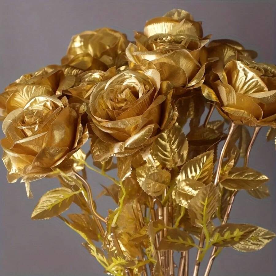 6支仿真金玫瑰花,栩栩如生的花卉艺术品,新年、情人节、母亲节、父亲节、生日派对、办公室、户外花园、春夏家居装饰的理想礼物 - 彩色 - 查看 1