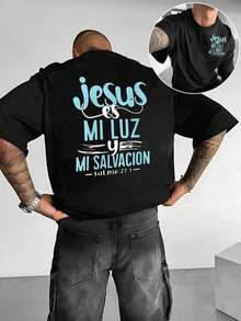 Camiseta de Hombre con Estampado Doble Cara Diseño Religioso con Texto Jesús es mi luz y mi salvación.Disponible en 220g,Ideal para un look casual y con estilo. - Negro - Ver 6