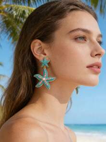 一对优雅的镶钻海星耳环，适合度假、节日、生日、约会、派对、休闲场合佩戴 - 海星款 - 查看 4