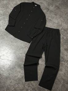 1 Set Men's Lightweight Loose Fit Basic Outfit, Light Blue Long Sleeve Button-Up Collared Shirt + Straight Leg Pants, Summer - Black - View 1