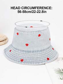 1pc Sweet Red Heart Embroidery Denim Bucket Hat – Casual Y2K Style Summer Sun Cap For Daily Outfits - 1PC - View 5
