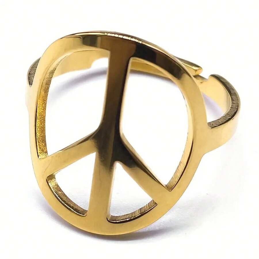 Men's Stainless Steel Peace Sign Ring, 18K Gold Plated, Casual And Stylish Unisex Jewelry - 先生 - 查看 1