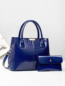 新款时尚女士母女包套装，亮面鳄鱼纹压花皮革大容量手提包 - 紫色 - 查看 9