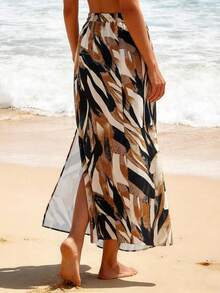 女士优雅夏季树叶印花A字侧开衩长裙，适合夏季和度假穿着 - 彩色 - 查看 4