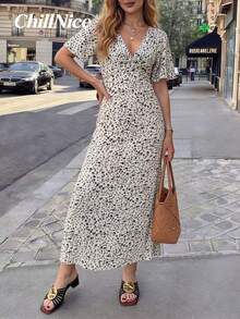 女士优雅小碎花扭结前襟长连衣裙，春夏休闲荷叶袖V领开衩长裙，百搭显瘦，适合日常街头风、度假、复活节等优雅场合 - 彩色 - 查看 4