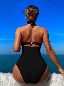 A Refreshing SummerSwim Vcay Summer Beach Solid Color Halter Neck Knotted Cutout  Swimsuit - màu đen - Xem 3