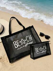 粉色网眼沙滩手提包，字母印花，附赠化妆包和时尚眼镜，网眼化妆包可装口红和粉扑，便携式沙滩包，夏季必备 - 彩色 - 查看 3