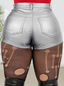 Women's Solid Color Metallic PU Leather Pocket Sexy Shorts Black Summer - 黑色 - 查看 11