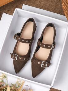 2026春夏新款方头平底乐福鞋，休闲软底英伦风女士一脚蹬鞋，大码41-43 - 棕色 - 查看 5