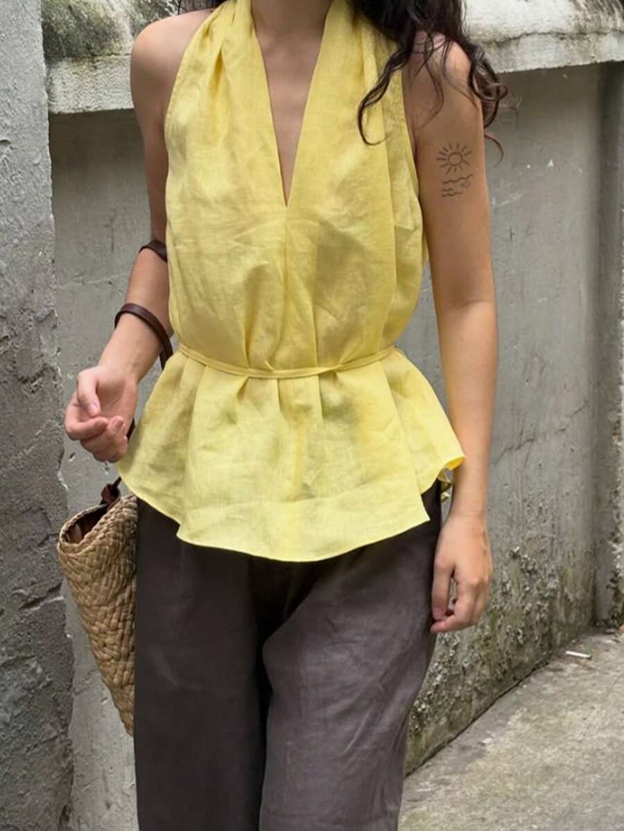 Áo nữ không tay cổ chữ V thắt nơ thanh lịch mới, thích hợp cho mùa hè, mặc thường ngày, đi làm, hẹn hò, đi nghỉ mát, đi văn phòng. - Màu vàng - Xem 1