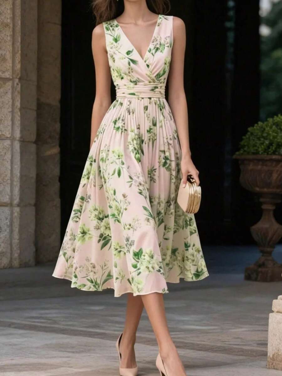 Vestido de gasa con estampado floral sin mangas - Cuello en V romántico, cintura ceñida y falda acampanada, primavera/verano vacaciones - Verde Pastel - Ver 1