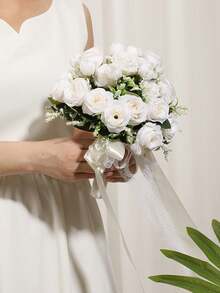 Bó hoa cưới cô dâu/phù dâu kiểu phương Tây, hoa hồng nhân tạo, bó hoa giả lá xanh, phụ kiện hoa nụ ren cho chụp ảnh cưới ngoài trời, phụ kiện ném hoa cô dâu trong tiệc cưới ngày Valentine. - Nhiều màu - Xem 4