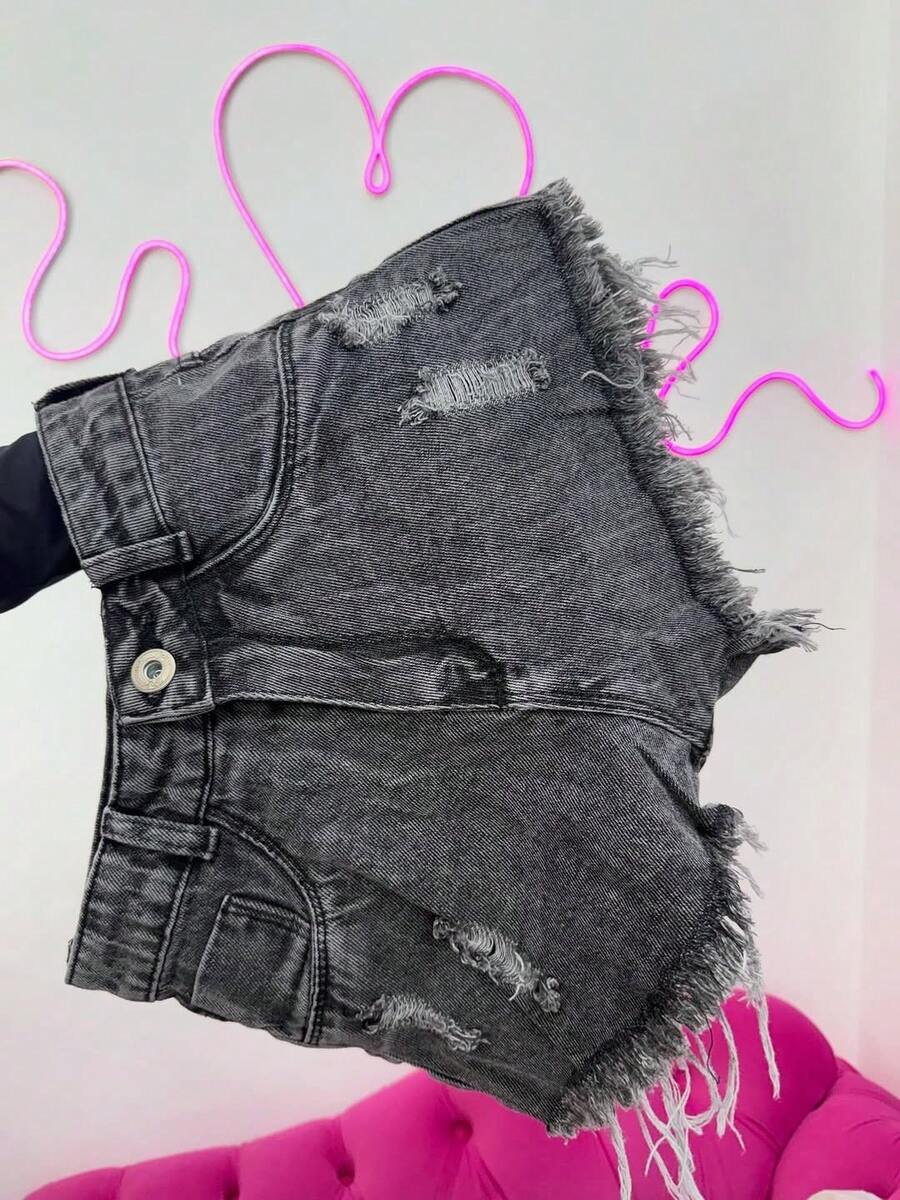 Frayed Graphite Denim Shorts - than chì - Xem 1