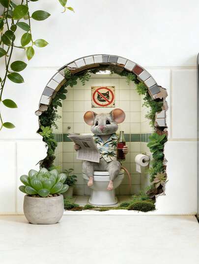 3D Broken Wall Mouse Hole Wall Stickers, Funny Bathroom Mouse Reading Newspaper Wall Decals, Peel And Stick Removable Wall Art For Toilet Kids Room Decor