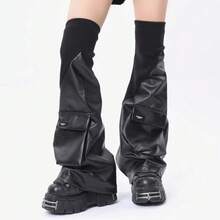 Y2K Faux Leather Leg Warmers With Pocket, Punk Slouchy Boot Covers For Streetwear & Festival Outfits - 黑色 - 查看 8