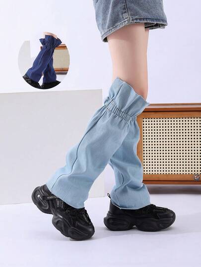 1 đôi tất giữ ấm chân bằng vải denim nhiều màu sắc dành cho nữ, thiết kế dây rút, thích hợp cho các buổi đi chơi mùa xuân, mùa thu, hẹn hò, tiệc mùa đông.