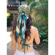 1pc Bohemian Vintage Paisley & Ditsy Floral Silk Woman Bandana Scarf, Lightweight Breathable Shawl, Suitable For Casual Wear & Outdoor In Spring/Summer Hair Accessories Boho Hair Bands Fall Winter Headbands For Women For Vacation Outfits Woman - Màu xanh lam - Xem 1