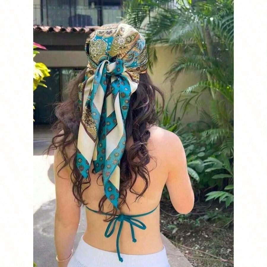 1pc Bohemian Vintage Paisley & Ditsy Floral Silk Woman Bandana Scarf, Lightweight Breathable Shawl, Suitable For Casual Wear & Outdoor In Spring/Summer Hair Accessories Boho Hair Bands Fall Winter Headbands For Women For Vacation Outfits Woman - Màu xanh lam - Xem 1