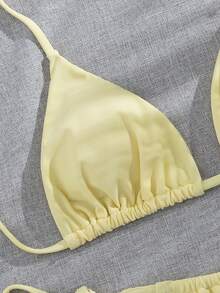 春夏女款性感純色掛脖比基尼海灘度假兩件式泳衣套裝，高彈力面料，黃色 - 黃色 - 查看 4