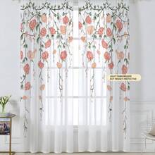 2 tấm rèm voan họa tiết dây leo hoa hồng màu hồng, in phẳng 2D, phong cách cổ điển trang nhã, phù hợp cho phòng ngủ và phòng khách, có thể treo bằng thanh rèm. - Nhiều màu - Xem 1