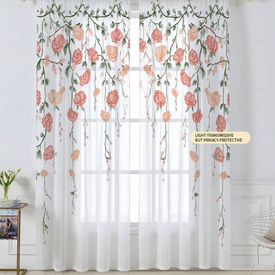 2 tấm rèm voan họa tiết dây leo hoa hồng màu hồng, in phẳng 2D, phong cách cổ điển trang nhã, phù hợp cho phòng ngủ và phòng khách, có thể treo bằng thanh rèm. - Nhiều màu - Xem 1