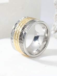 Fashionable Minimalist Metal Wire Designed Dual-Tone Wide Ring, Suitable For Women's Wedding, Party, And Daily Wear, A Versatile Jewelry Accessory - Silver - View 6
