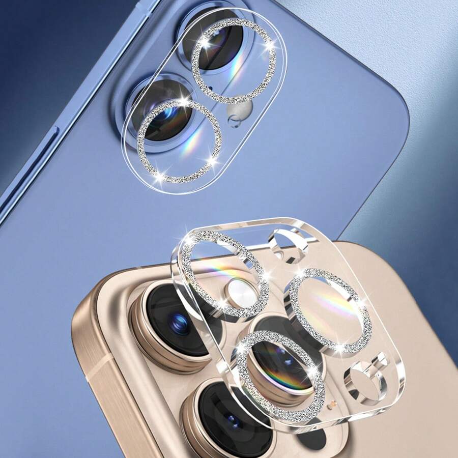 Lens Protective Film 1pc Shiny Diamond Apple 17 Pro Max Camera Lens Film All-In-One Smartphone 16 Pro Max Camera Protector 14 Pro/15 Pro Max/16/15/14 Transparent Rhinestone Lens Protective Ring Frame Tempered Glass Film Birthday Gift Party - Silver - View 1