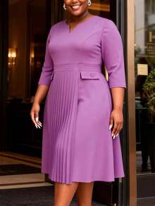 Plus Size V-Neck 3/4 Sleeve Ruched A-Line Spring/Summer Dress, Commuter Style, Cocktail Party Semi-Formal Dress, Suitable For Birthday, Wedding Guest, Graduation Ceremony, Gala, Homecoming - Purple - View 1
