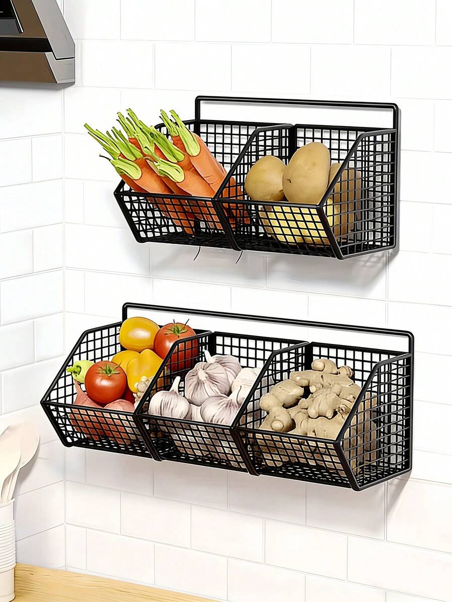 Rak Keranjang Dapur Logam Tahan Lama yang Dipasang di Dinding, Pengorganisasi Penyimpanan Dapur Multifungsi, Dapat Menggantung Rempah-rempah, Bawang Putih, Bawang Bombay, Sayuran, Secara Efektif Meningkatkan Pemanfaatan Ruang Dapur dan Mengurangi Kekacauan