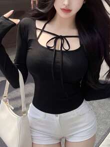 新款性感露肩修身短款上衣，袖口系带，适合春夏穿着 - 黑色 - 查看 1