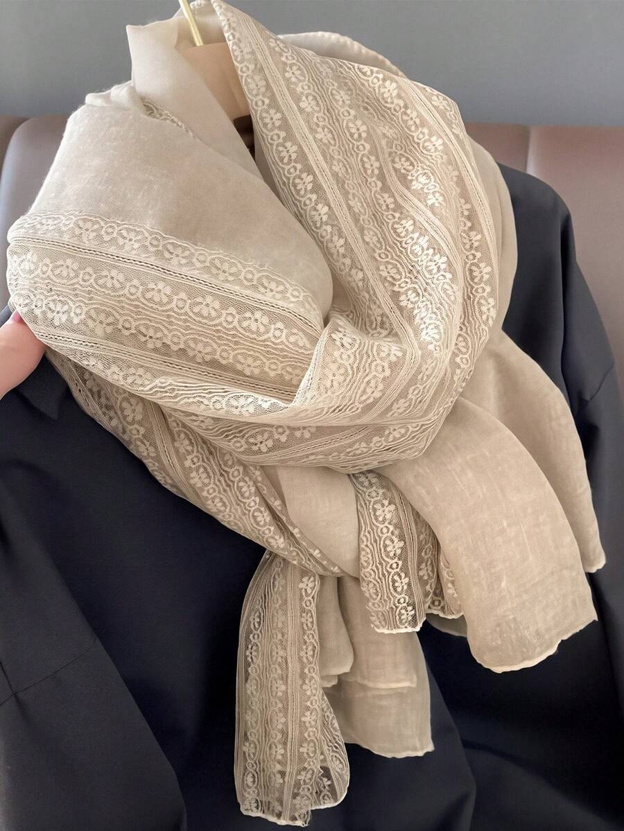 1pc Women's Linen Solid Color Lace Trim Scarf, Lace Long Scarf Suitable For Daily Wear, Beach, Holiday, Travel Essential - Apricot - View 1
