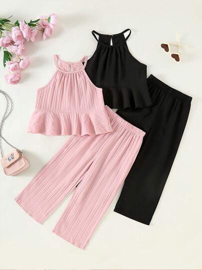 4件套女童休闲罩衫及宽松荷叶边裤套装，适合户外穿着，也可与姐妹搭配，纯色，透气罗纹面料，两件套设计，是户外穿着的理想之选。