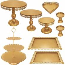 Set Of 9 Cake Stands Metal Cupcake Stand Set Multiple Styles Candy Fruit Display Tower Dessert Plate Cake Serving Tray Birthday Party Wedding Anniversary Shower Engagement (Gold) - Gold - View 1