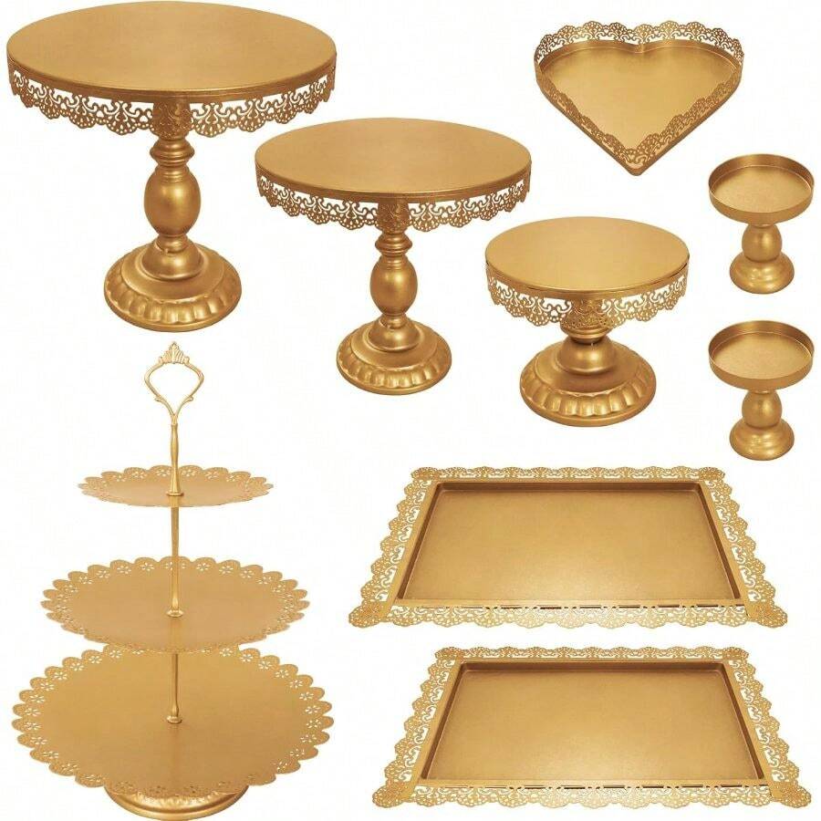 Set Of 9 Cake Stands Metal Cupcake Stand Set Multiple Styles Candy Fruit Display Tower Dessert Plate Cake Serving Tray Birthday Party Wedding Anniversary Shower Engagement (Gold) - Gold - View 1