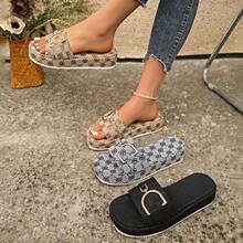 1 Pair Elegant Solid Color Fashion Fabric & Metal Chain Flat Slide Sandals, Suitable For Outdoor Wear In Spring And Autumn - Black - View 6